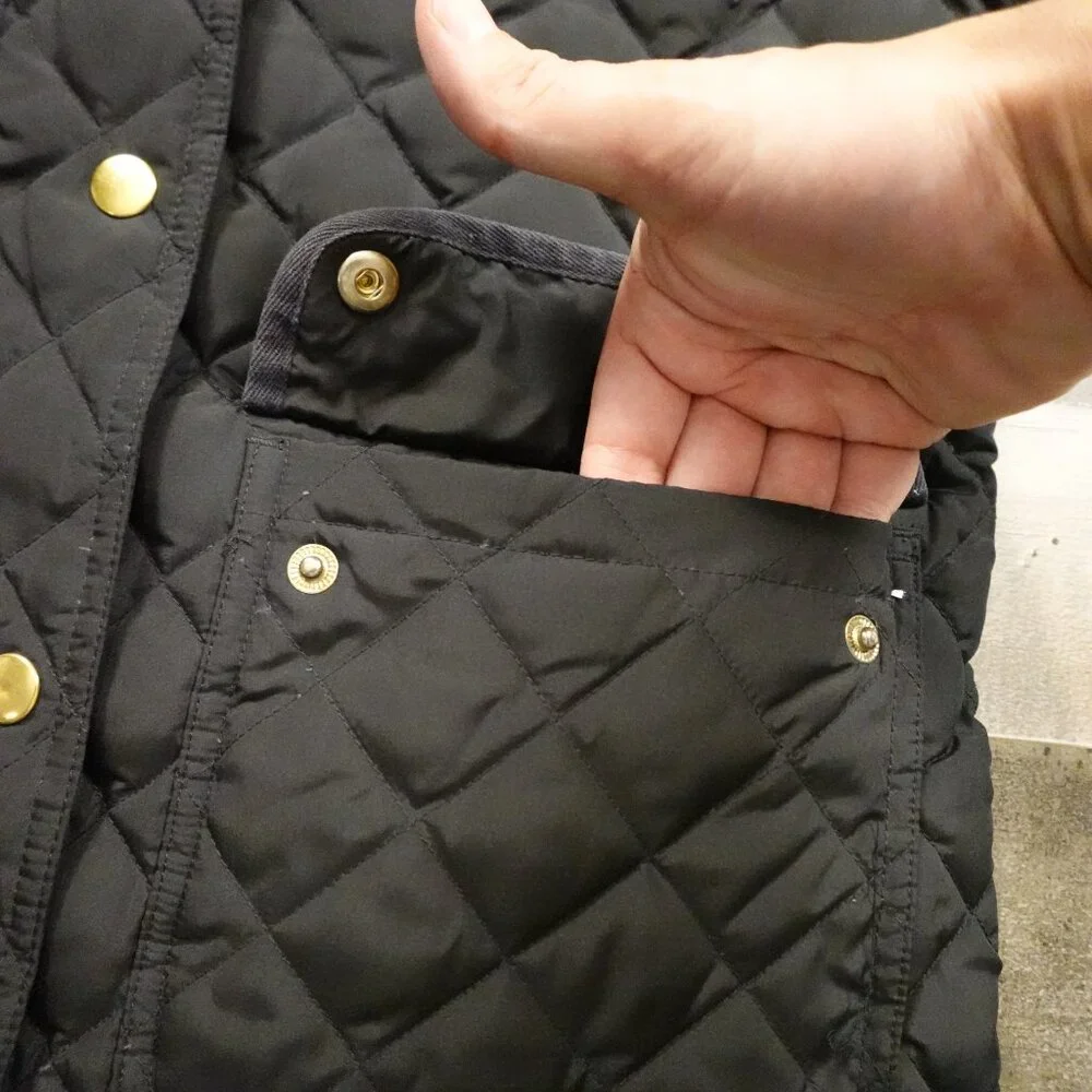 J.Crew‎ Quilted Down Jacket Women’s Small Black Gold Snap